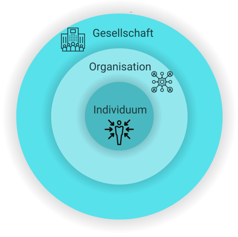 Eine Grafik, die die drei Ebenen der Transformation abbildet. Im Zentrum steht das Individuum, in der Mitte die Organisation und Außen die Gesellschaft.