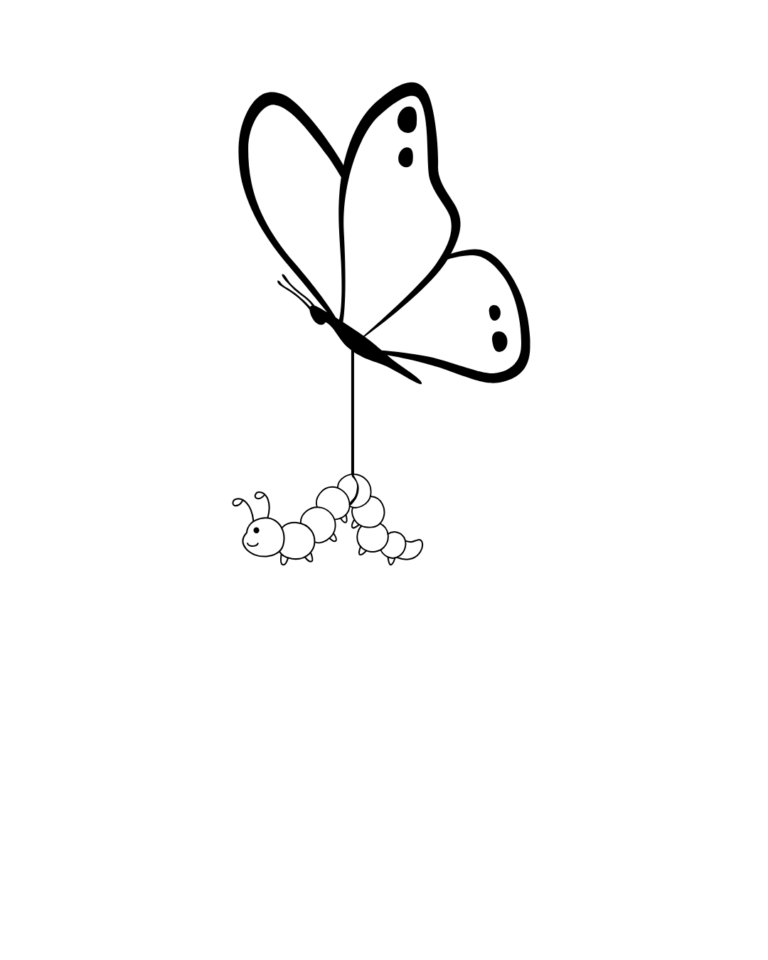 Ein Schmetterling fliegt und hat eine Raupe an sich festgebunden.